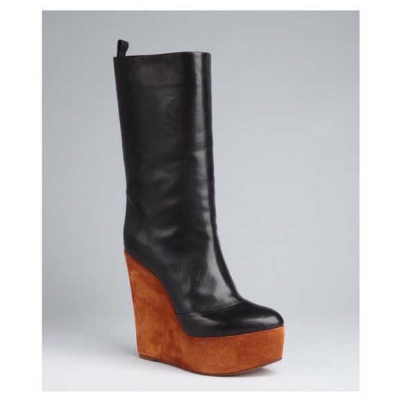 Céline Leather and Cumin Suede Wedge Pull Up Boots - Picture 1 of 7